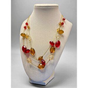 AVON SP Multi-Strand Gold Tone Necklace Red & Amber Beads -175
